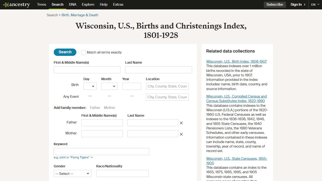 Wisconsin, U.S., Births and Christenings Index, 1801-1928